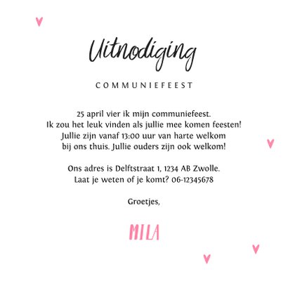 Communie uitnodiging eenhoorn meisje stijlvol hartjes 3