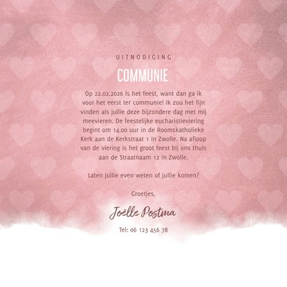 Communie uitnodiging hip waterverf roze met hartjes 3