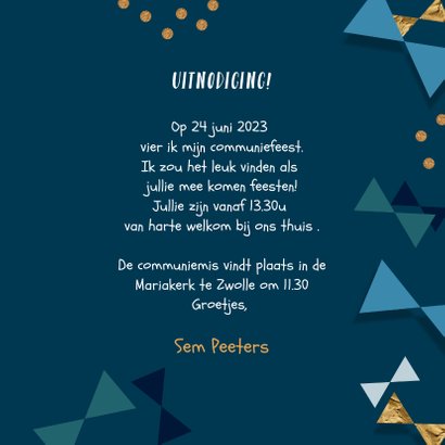 Communie uitnodiging jongen confetti strikjes goud 3