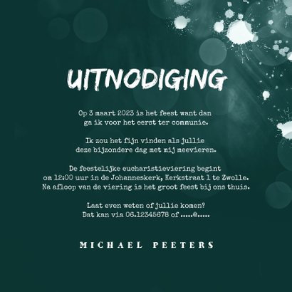 Communie uitnodiging jongen verf spetters fotocollage 3