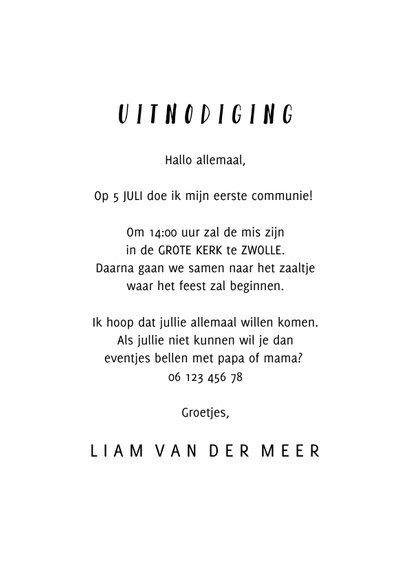 Communie uitnodiging magazine met foto en teksten jongen 3