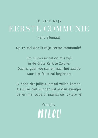Communie uitnodiging magazine stijl met foto en teksten 3