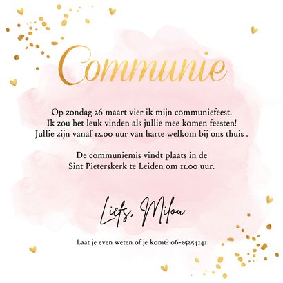 Communie uitnodiging meisje met foto roze waterverf goudlook 3
