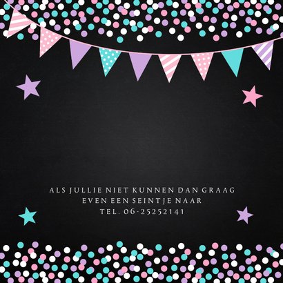 Communie uitnodiging meisje met foto slinger confetti paars 2