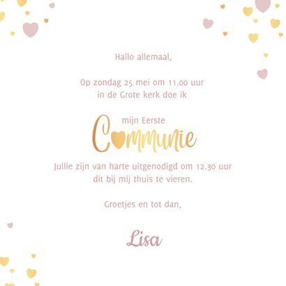 Communie uitnodiging meisje roze hartjes en foto 3