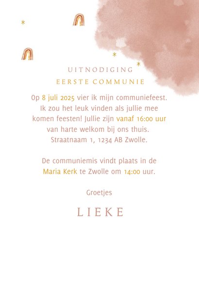 Communie uitnodiging stijlvol met unicorn en regenboog 3