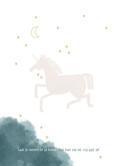 Communie uitnodiging stijlvol met unicorn maan en waterverf 2