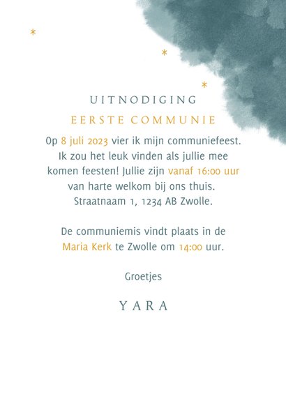 Communie uitnodiging stijlvol met unicorn maan en waterverf 3