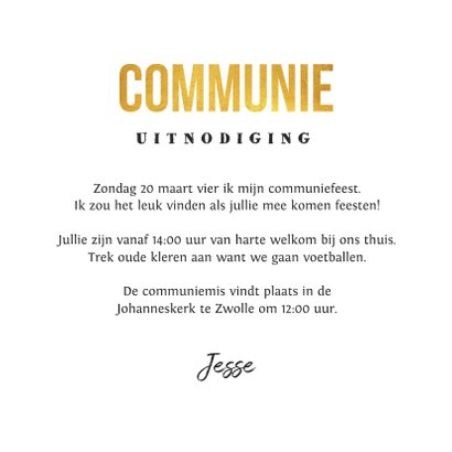 Communie uitnodiging stoer goud krijtbord voetbal foto 3