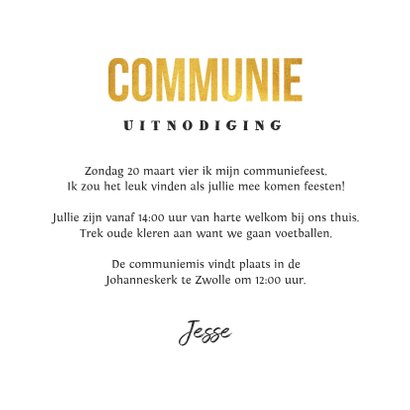 Communie uitnodiging stoer goud krijtbord voetbal foto 3