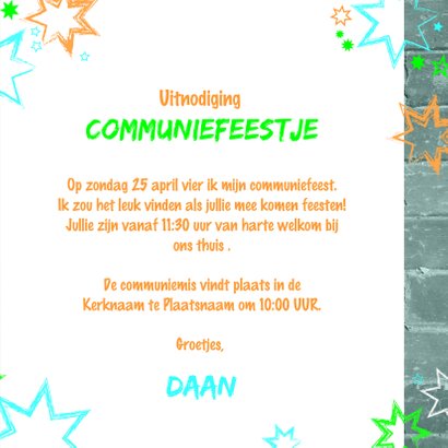 Communie uitnodiging stoer met een muur en sterren 3