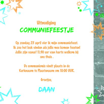 Communie uitnodiging stoer met een muur en sterren 3