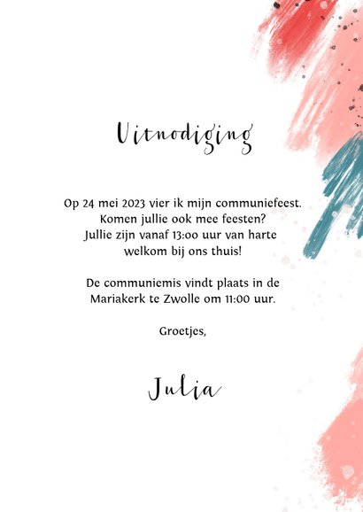 Communie uitnodiging verf spetters foto 3