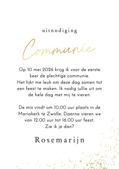 Communie uitnodiging wit met gouden spetters fotocollage 3