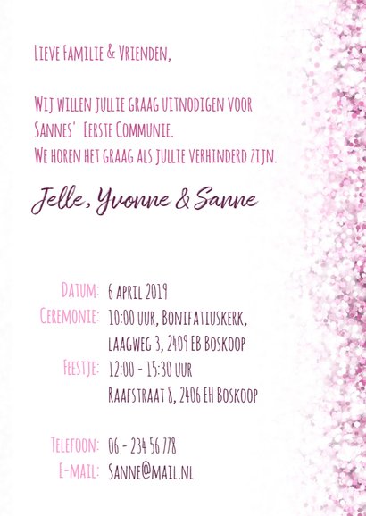 Communie vormsel lentefeest roze glitter krijtbord 3