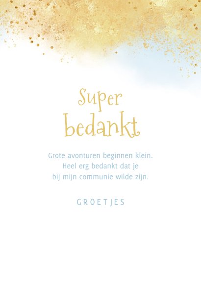 Communiefeest bedankkaart waterverf goud blauw foto 3