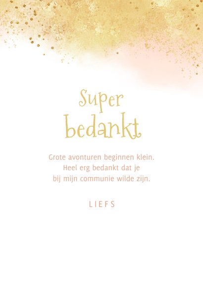 Communiefeest bedankkaart waterverf goud roze hartje 3