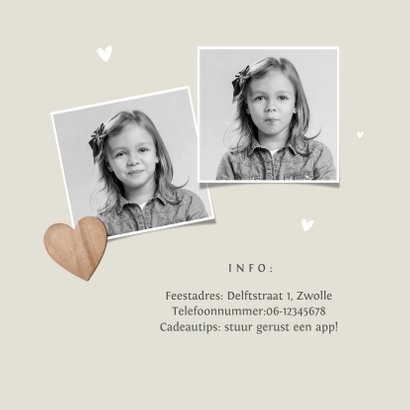 Communiefeest meisje uitnodiging fotokaart houten hartjes 2
