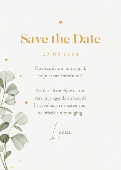 Communiefeest save the date eucalyptus goud stijlvol hartjes 3