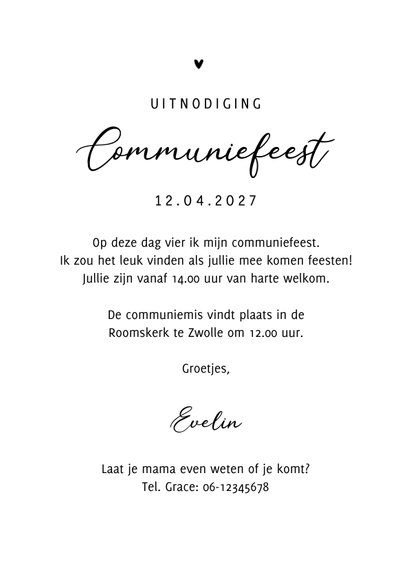 Communiefeest uitnodiging kraftpapier witte duif hartjes 3