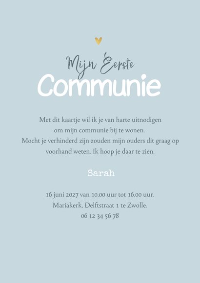 Communiefeest uitnodiging kruis foto bloemetjes goud hartjes 3