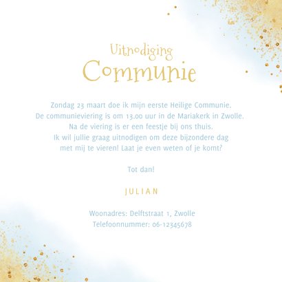Communiefeest uitnodiging kruisje waterverf goud blauw 3