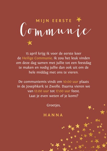 Communiefeest uitnodiging meisje stijlvol goud sterren 3