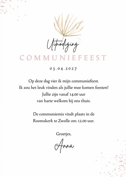 Communiefeest uitnodigingskaart kruis roze bohemian 3