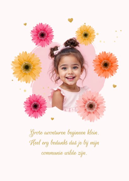 Communiekaart bedankt gerbera bloemen kleurrijk goud foto 2