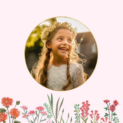 Communiekaart bloemenrand met goudlook 2