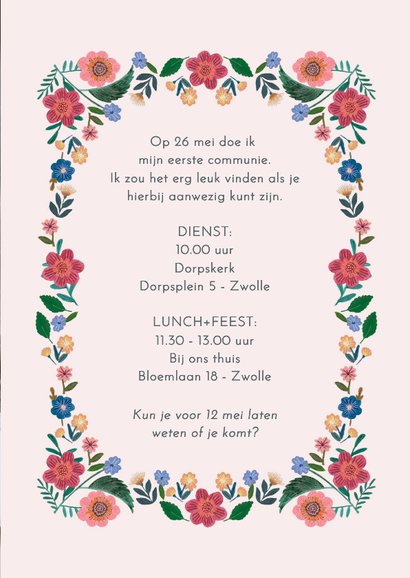 Communiekaart bloemenrand met strik en naam 3