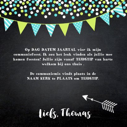 Communiekaart foto confetti slinger krijtbord jongen 3