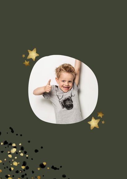 Communiekaart groen met foto, gouden sterren en spetters 2