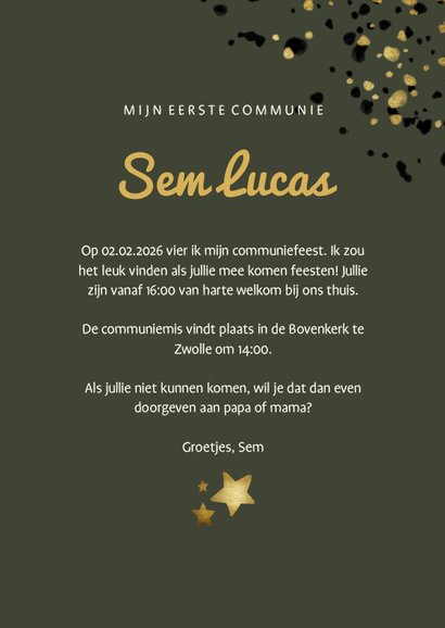 Communiekaart groen met foto, gouden sterren en spetters 3