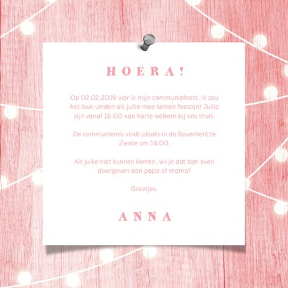 Communiekaart houtlook roze lampjes met foto 3