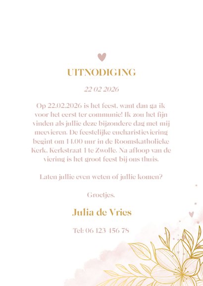 Communiekaart lief gouden bloemen met roze waterverf 3