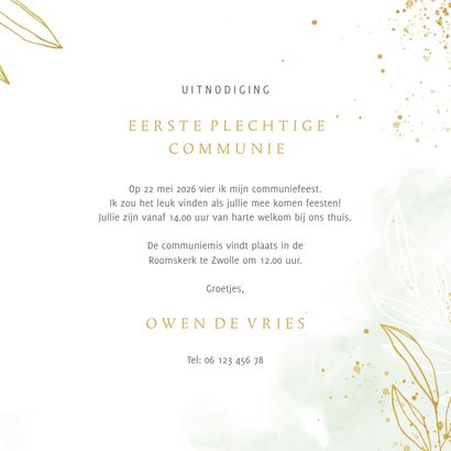 Communiekaart lief groene waterverf met blaadjes 3