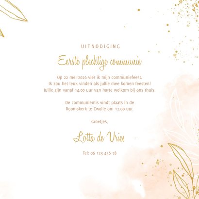 Communiekaart lief roze waterverf met blaadjes 3