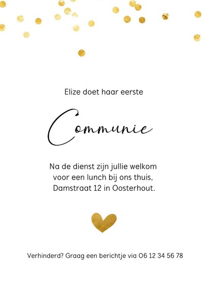 Communiekaart met gouden confetti stippen en eigen foto 3