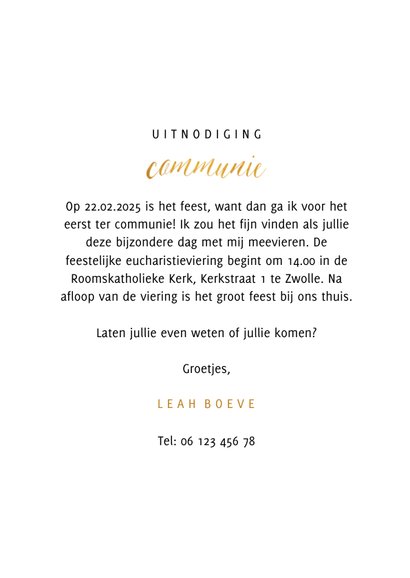 Communiekaart met grote foto en goudlook communie 3