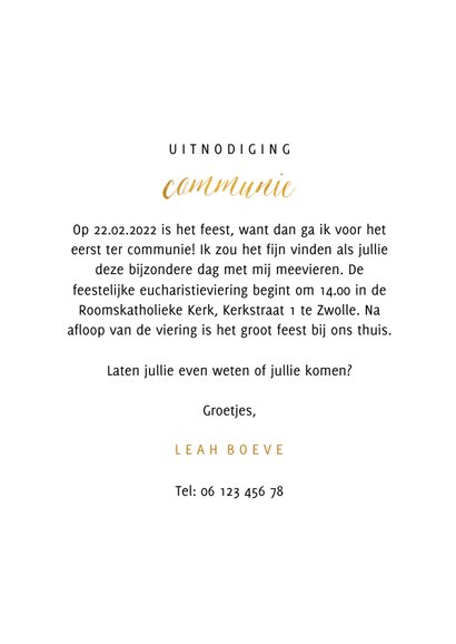 Communiekaart met grote foto en goudlook communie 3