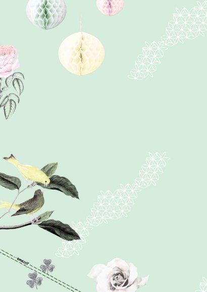 Communiekaart met lieve vogeltjes, bloemen en pompoms 2