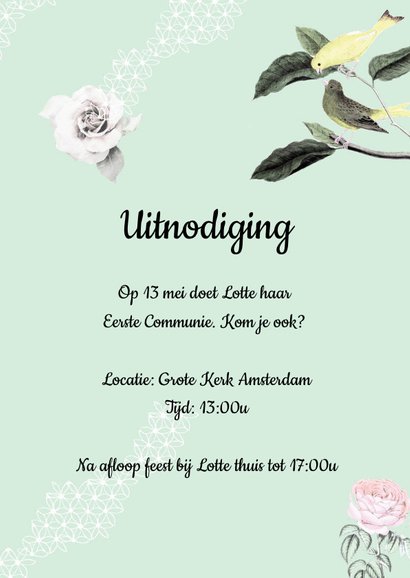 Communiekaart met lieve vogeltjes, bloemen en pompoms 3