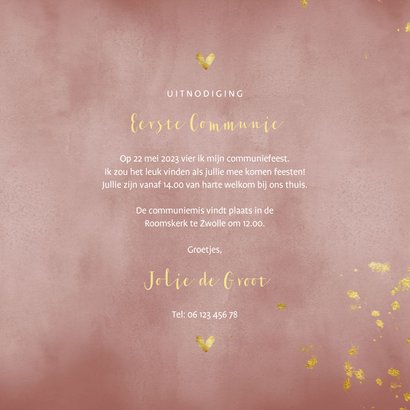 Communiekaart oud roze waterverf gouden spetters 3