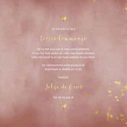 Communiekaart oud roze waterverf gouden spetters 3