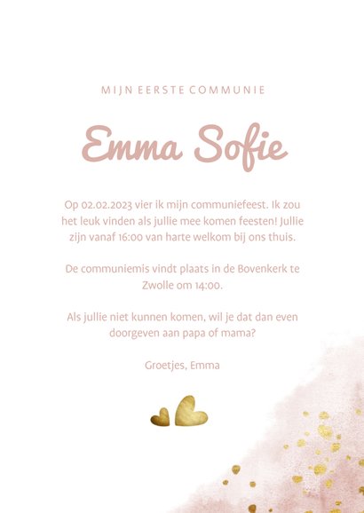 Communiekaart roze met foto, gouden hartjes en waterverf 3