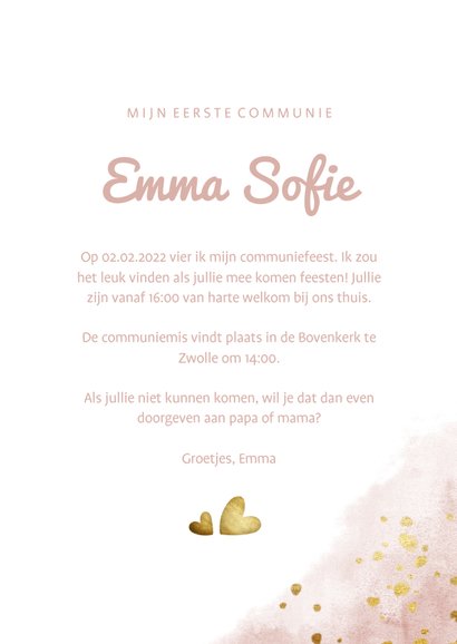 Communiekaart roze met foto, gouden hartjes en waterverf 3