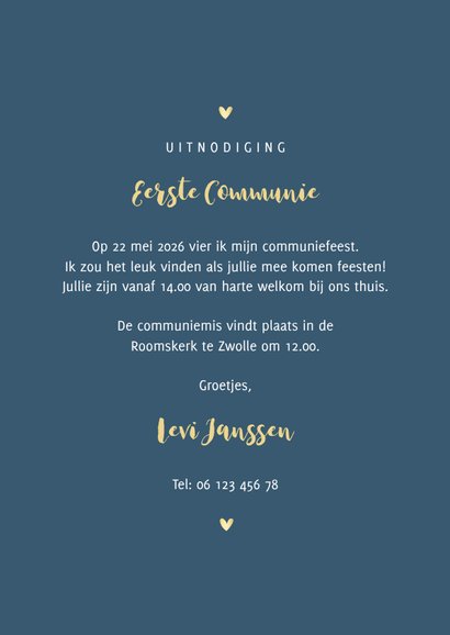 Communiekaart simpel met goudlook hartjes en sterretjes 3