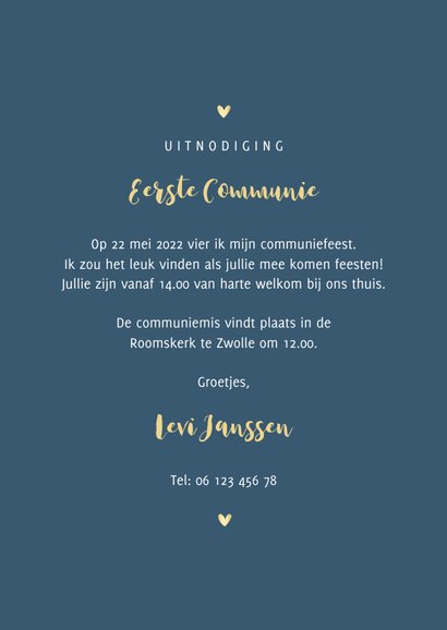 Communiekaart simpel met goudlook hartjes en sterretjes 3