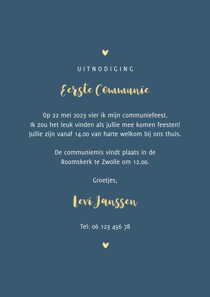 Communiekaart simpel met goudlook hartjes en sterretjes 3